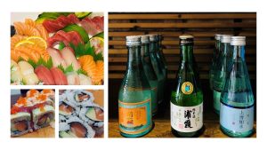 Sushi and bottle collage of images