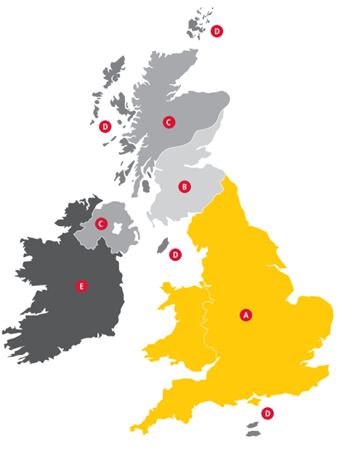 A map showing different delivery zones of the UK